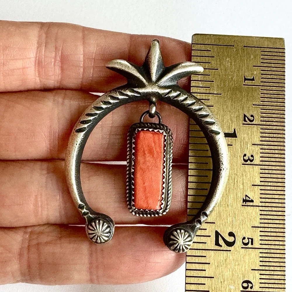 Navajo Naja Pendant Orange Spiny Oyster Signed MC 2in Sterling Squash Blossom